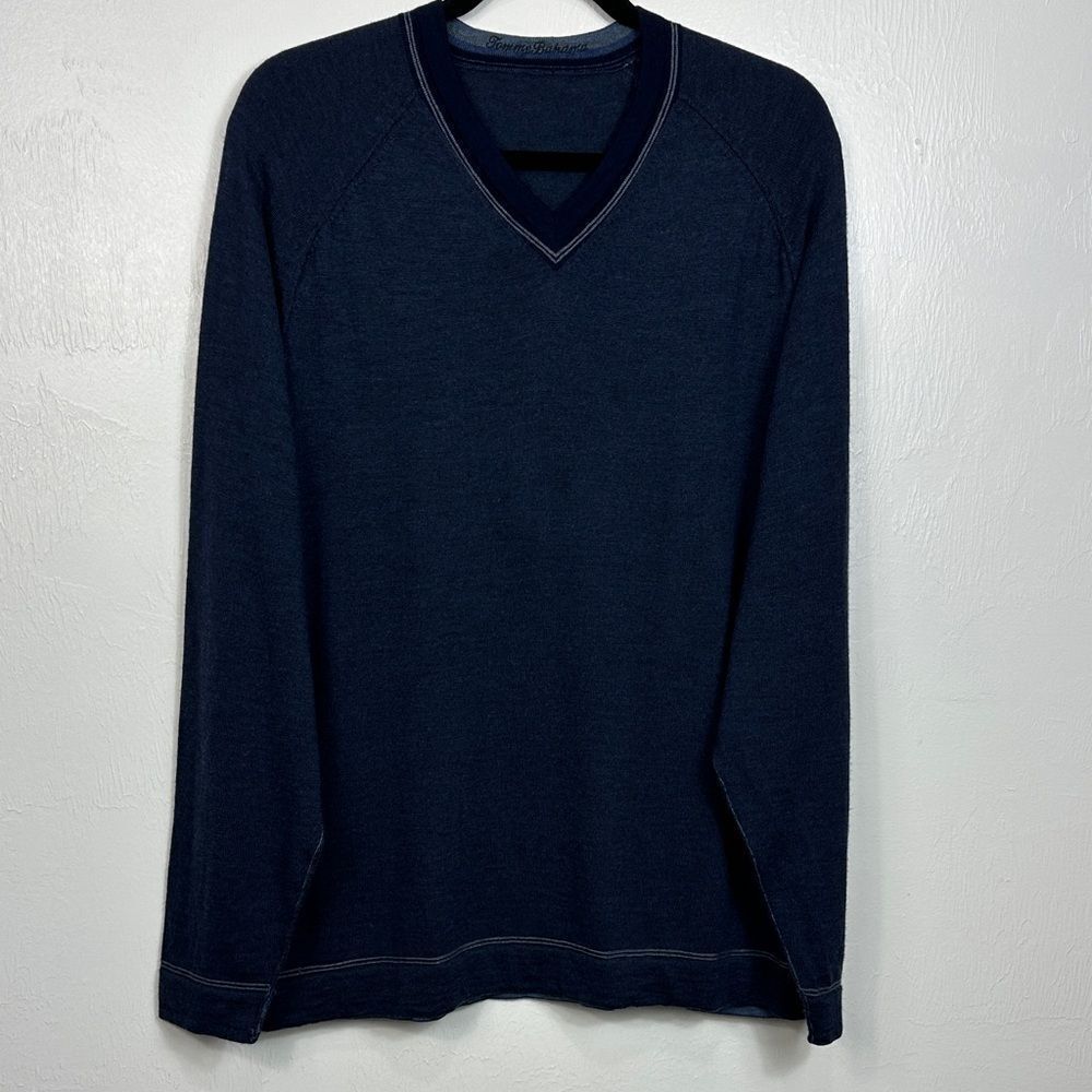 Tommy Bahama Merino Wool Long Sleeve V-Neck Sweater In Blue Size L